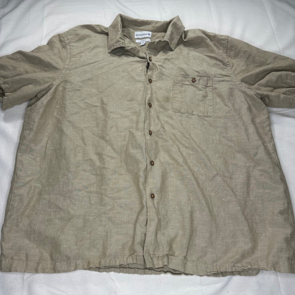Saddlebred Mens XXL Classic Fit Linen Blend Short Sleeve Button Down Shirt Tan